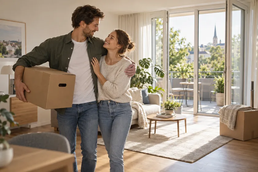 Paar beim Einzug in eine helle Wohnung