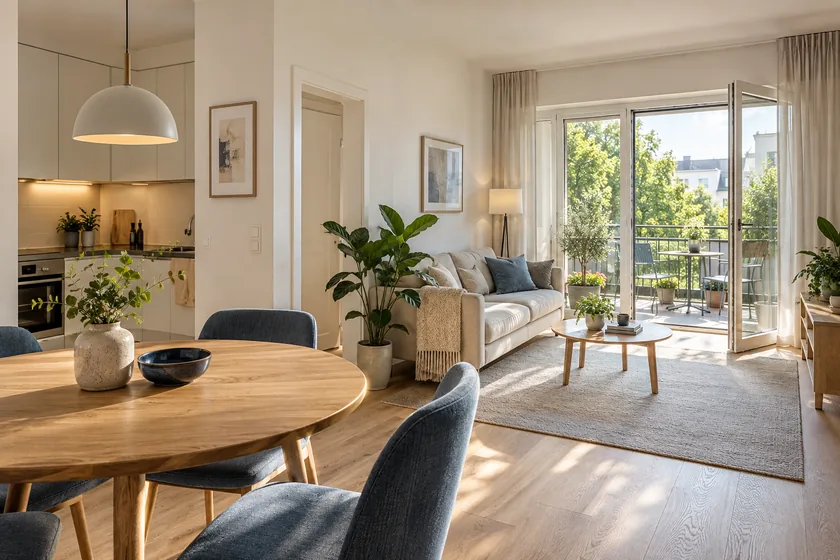Heller Wohnraum mit offener Küche und Zugang zum Balkon