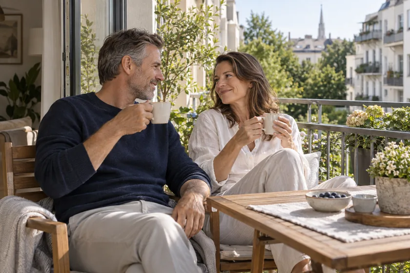 Ein Paar genießt einen sonnigen Moment auf dem Balkon – Symbolbild